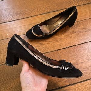 Salvatore Ferragamo Block Heeled Slip On Shoe Fringe Pump Low Heel Black Size 7